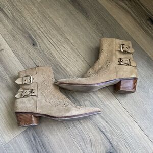 Zara Suede Gold Studded Booties Size 39 8.5 Cowboy Boots Low Heel Camel Beige